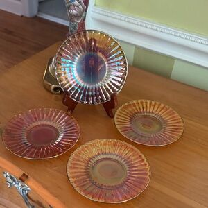 1930s vintage carnival glass, set of 4 small plates marigold iridescent luster